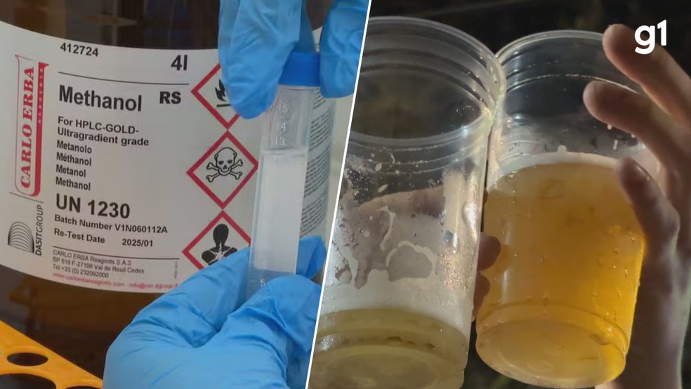 Consumidores trocam destilados por cerveja por medo de contaminação por metanol — Foto: montagem Reprodução/TV Globo e Reprodução/RBS TV