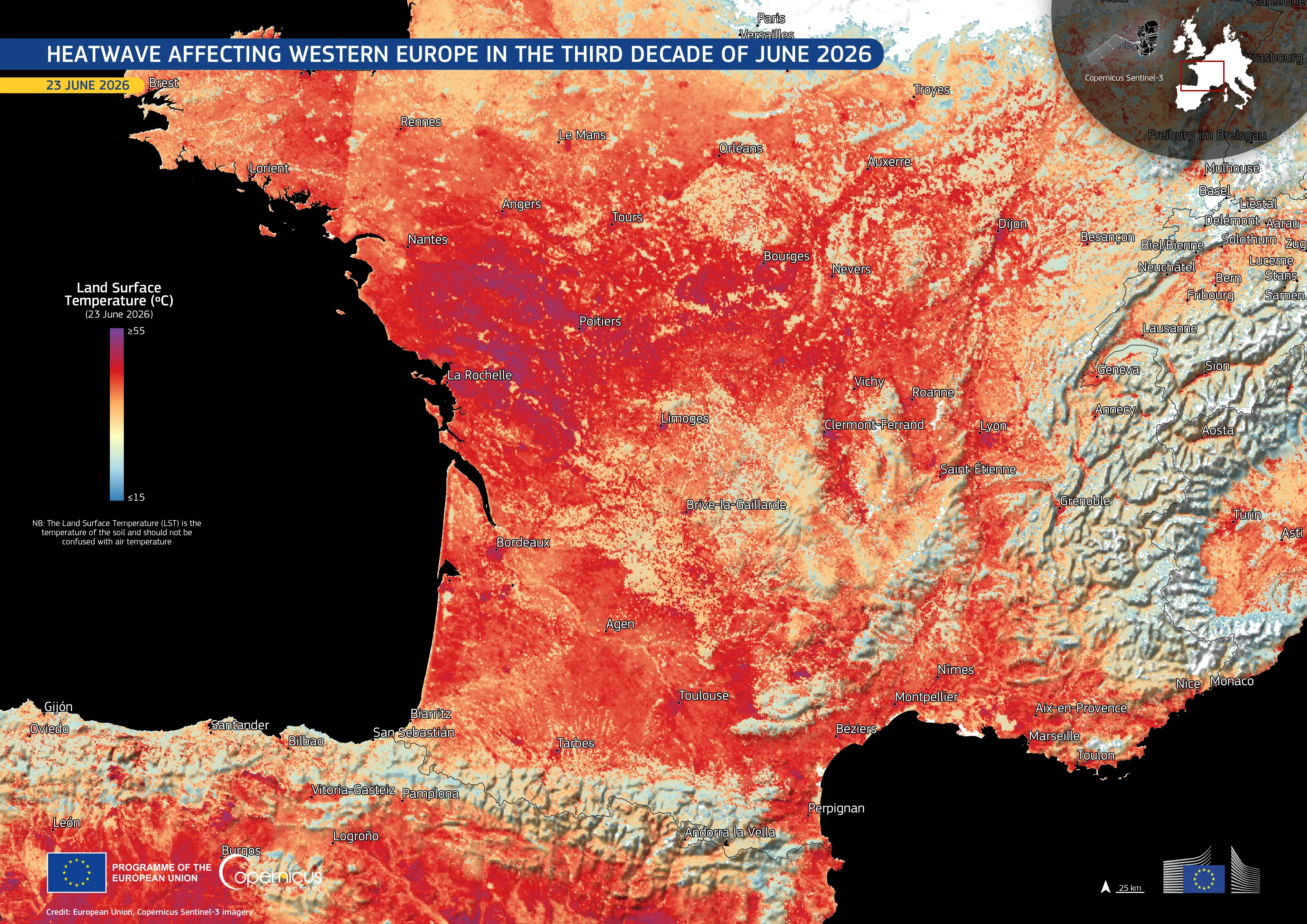 Imagem de satélite mostra calor extremo na França e na Espanha; VEJA
