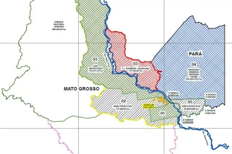 Mapa de área indígena Kayabi entre Mato Grosso e Pará — Foto: Moisés Prado
