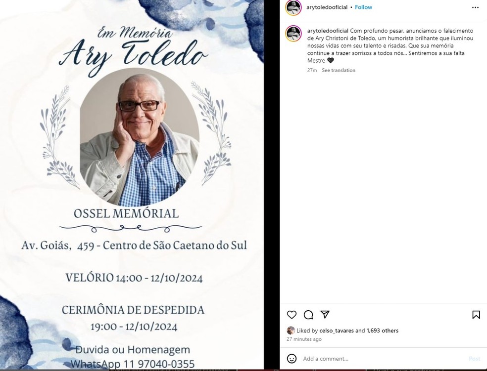 Perfil oficial de Ary Toledo confirma morte do humorista de 87 anos. — Foto: Reprodução/Instagram
