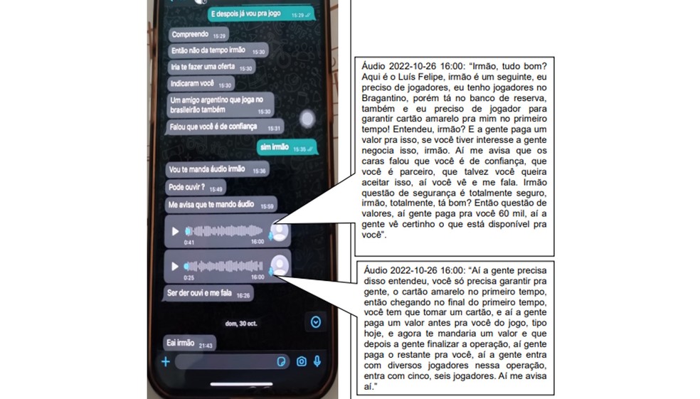 Conversa de Kevin Joel Lomónaco em um dos celulares dos acusados manipulação de resultados de jogos — Foto: Reprodução/MPGO