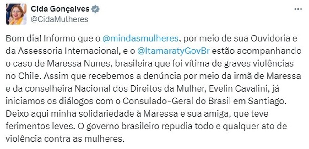 Ministra da mulher, Cida Gonçalves, disse que está acompanhado o caso — Foto: Reprodução/X