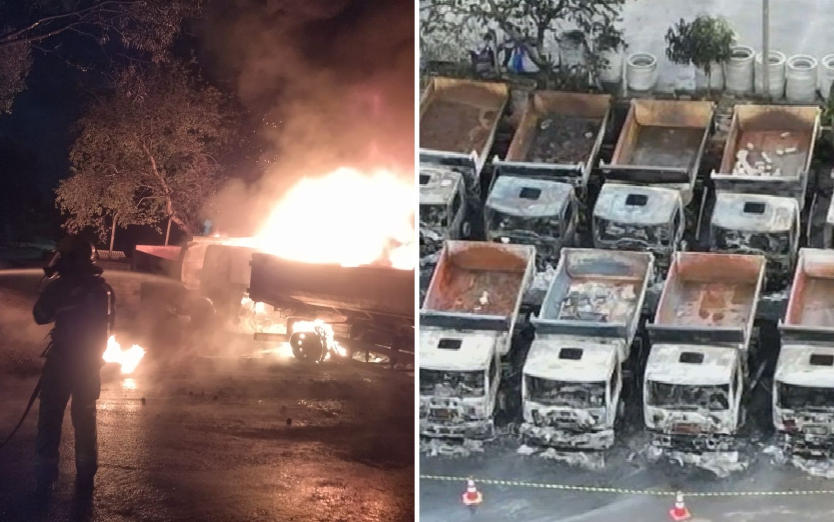 Incêndio atinge caminhões no pátio da Secretaria Municipal de Infraestrutura, em Goiânia