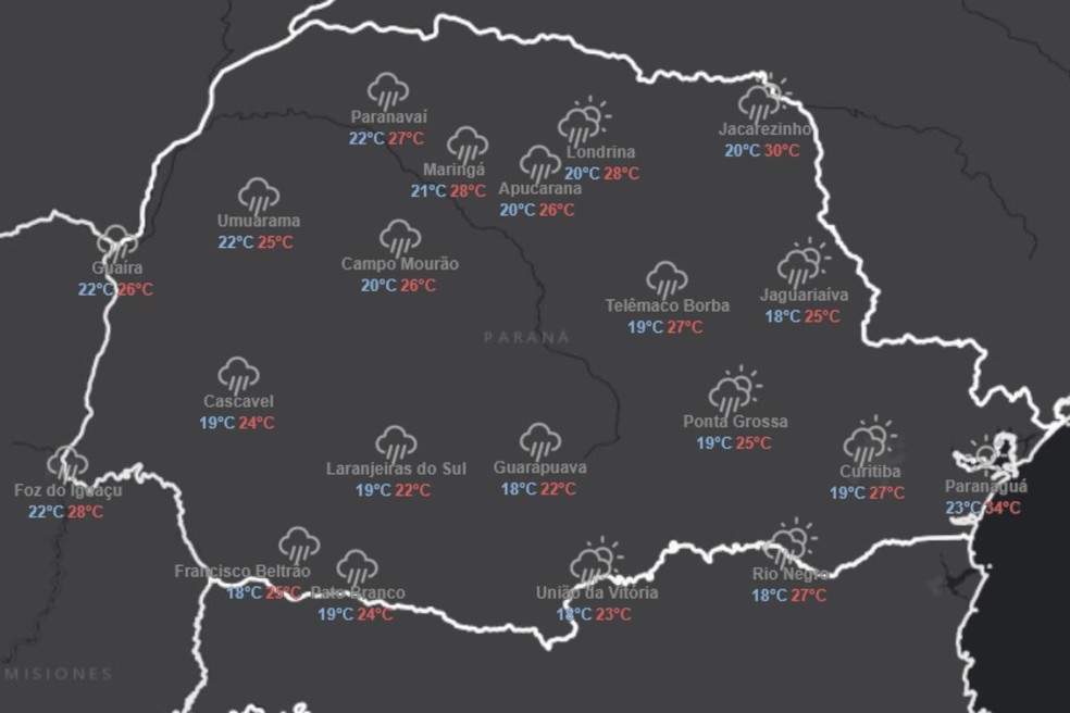 Previs&atilde;o do tempo para domingo (11), no Paran&aacute;. &mdash; Foto: Reprodu&ccedil;&atilde;o/Simepar