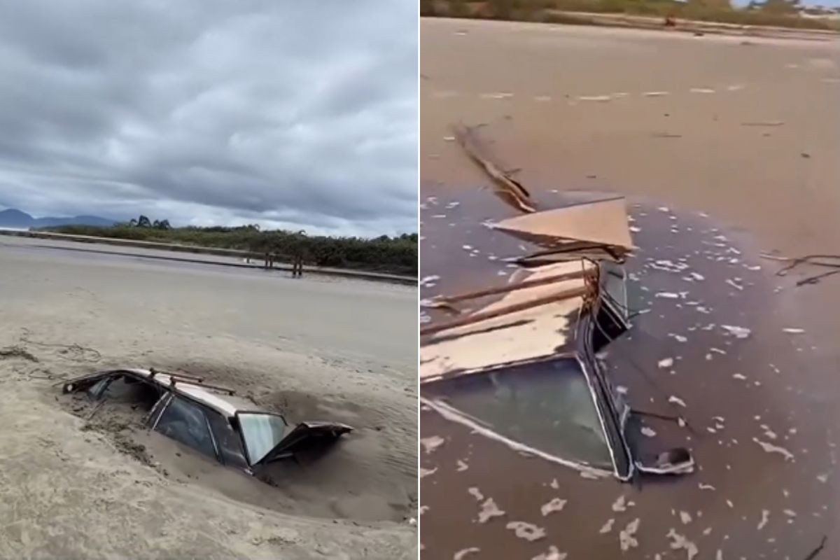 Carro é encontrado soterrado na faixa de areia de praia em SP; VÍDEO