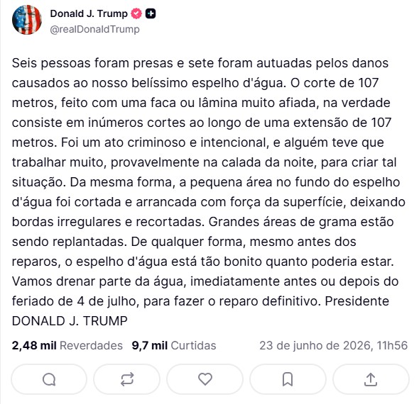 Trump diz que 6 pessoas foram presas por danificar espelho d’água em Washington
