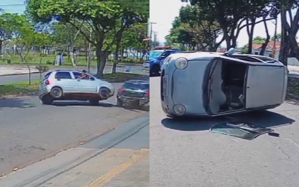 Menino de 2 anos morreu após carro em que estava bater em outro e capotar, em Goiânia — Foto: Reprodução/TV Anhanguera