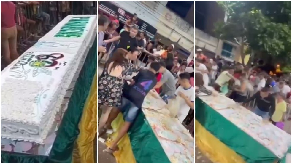 Distribuição de bolo gera tumulto durante aniversário da cidade de Palmácia, no Ceará. — Foto: Reprodução