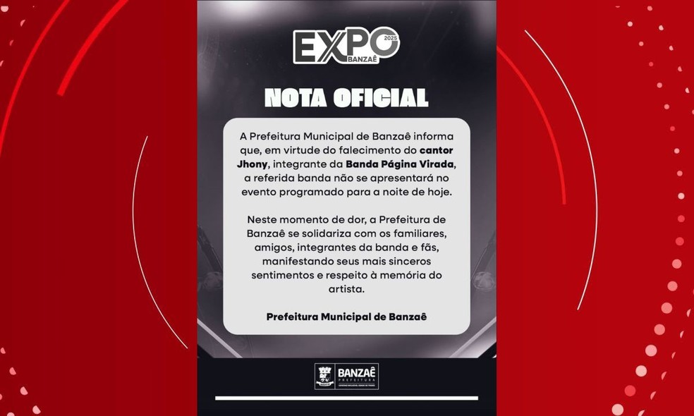 Prefeitura de Banzaê lamentou a morte de Jones Mesquita nas redes sociais — Foto: Reprodução/Redes sociais