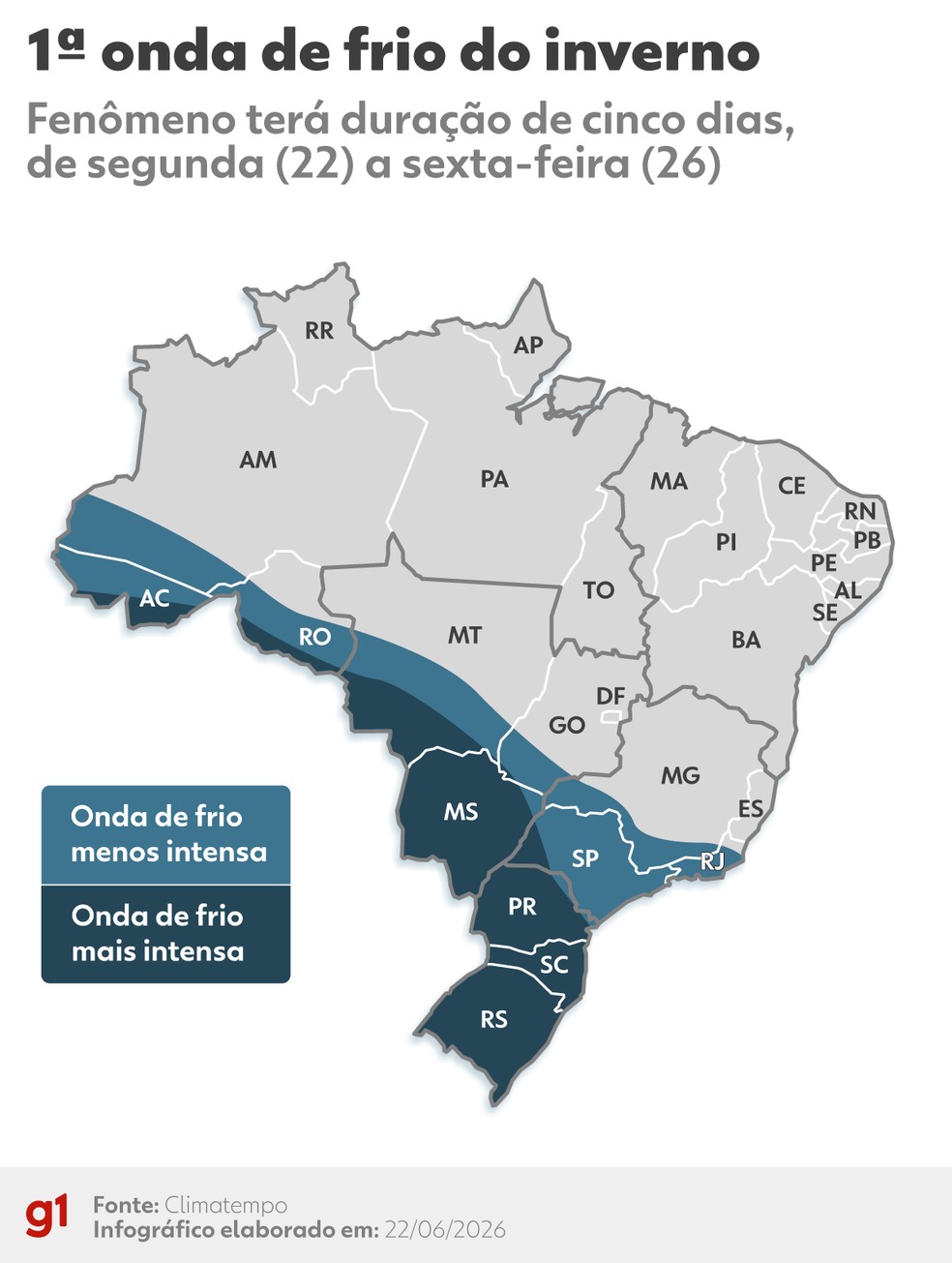 Onda de frio vai até sexta-feira (26). — Foto: Arte/g1 - Bruna Azevedo