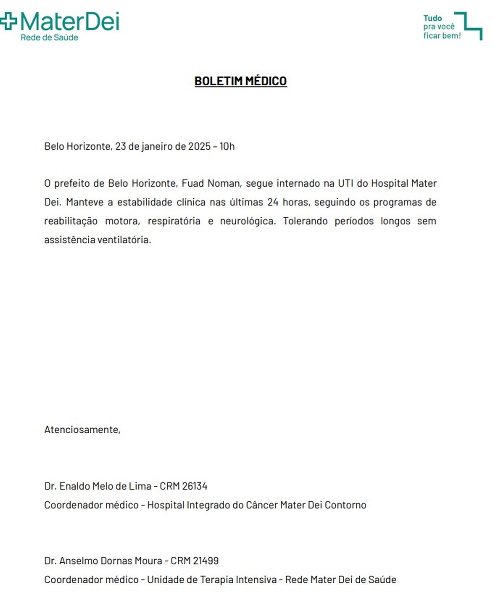 Boletim médico de Fuad Noman (PSD) — Foto: Rede Mater Dei/ Reprodução