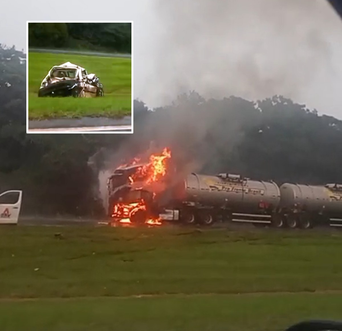 Acidente com carreta, caminhão, carro e van deixa 1 ferido e interdita rodovia no interior de SP