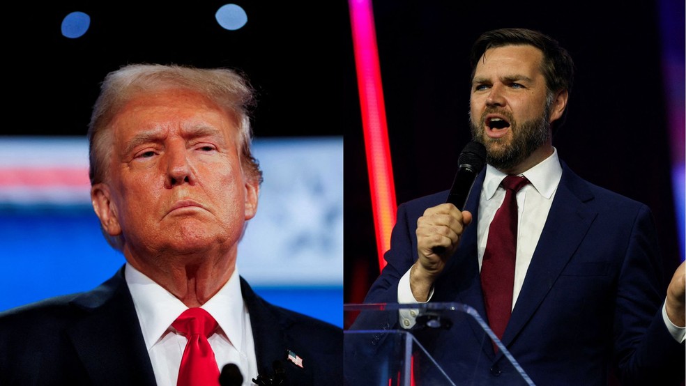 Donald Trump (à esquerda) escolheu o senador republicano J.D. Vance para ser seu vice em 15 de julho de 2024. — Foto: Marco Bello/Rebecca Cook/Reuters