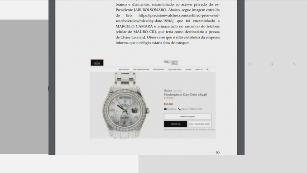 Print de documento com imagem de Rolex negociado ilegalmente — Foto: GloboNews