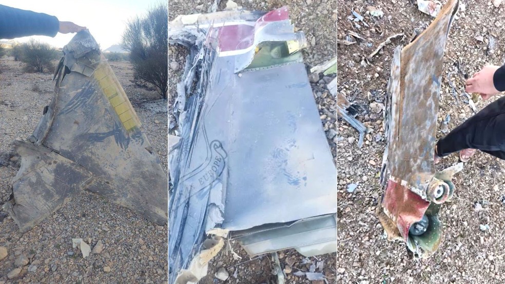 Destroço de jato dos EUA abatido por defesas aéreas do Irã em 3 de abril de 2026. — Foto: Divulgação/TV estatal do Irã