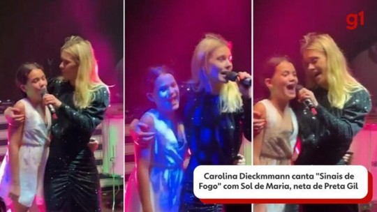 Carolina Dieckmmann e neta de Preta Gil cantam 'Sinais de Fogo' em festa de Giovanna Ewbank e Bruno Gagliasso; veja VÍDEO - Casal comemorou 15 anos de casamento neste sábado. Música foi eternizada na voz de Preta Gil.
