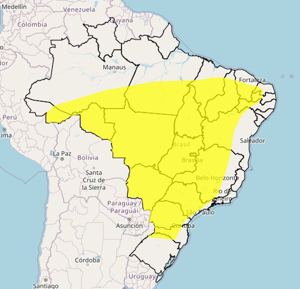 Região em amarelo no mapa deve ter umidade entre 30% e 20% nesta terça (10). — Foto: Inmet