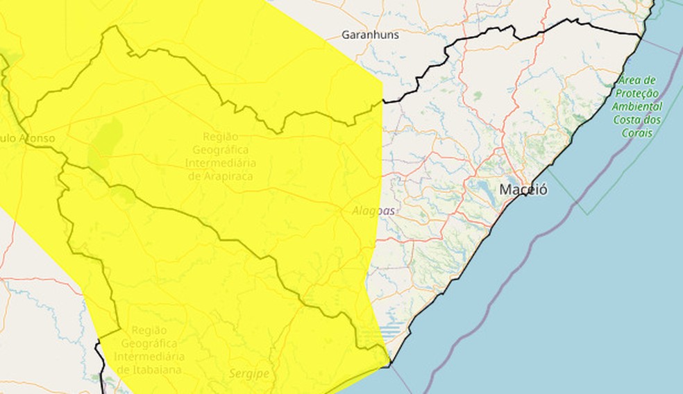 Região de Alagoas com alerta amarelo — Foto: Reprodução/Inmet