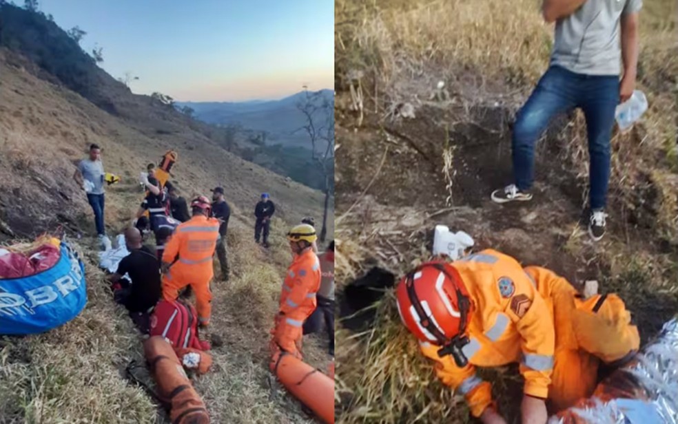 Piloto de paraglider é resgatado após cair próximo a rampa de voo em campeonato em São Lourenço — Foto: Corpo de Bombeiros