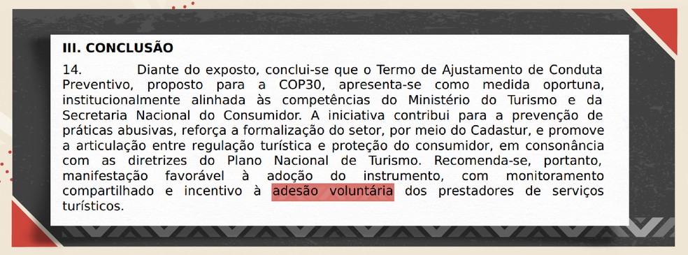 Trecho de uma minuta do TAC fala em adesão voluntária. — Foto: Arte/g1 - Otavio Camargo