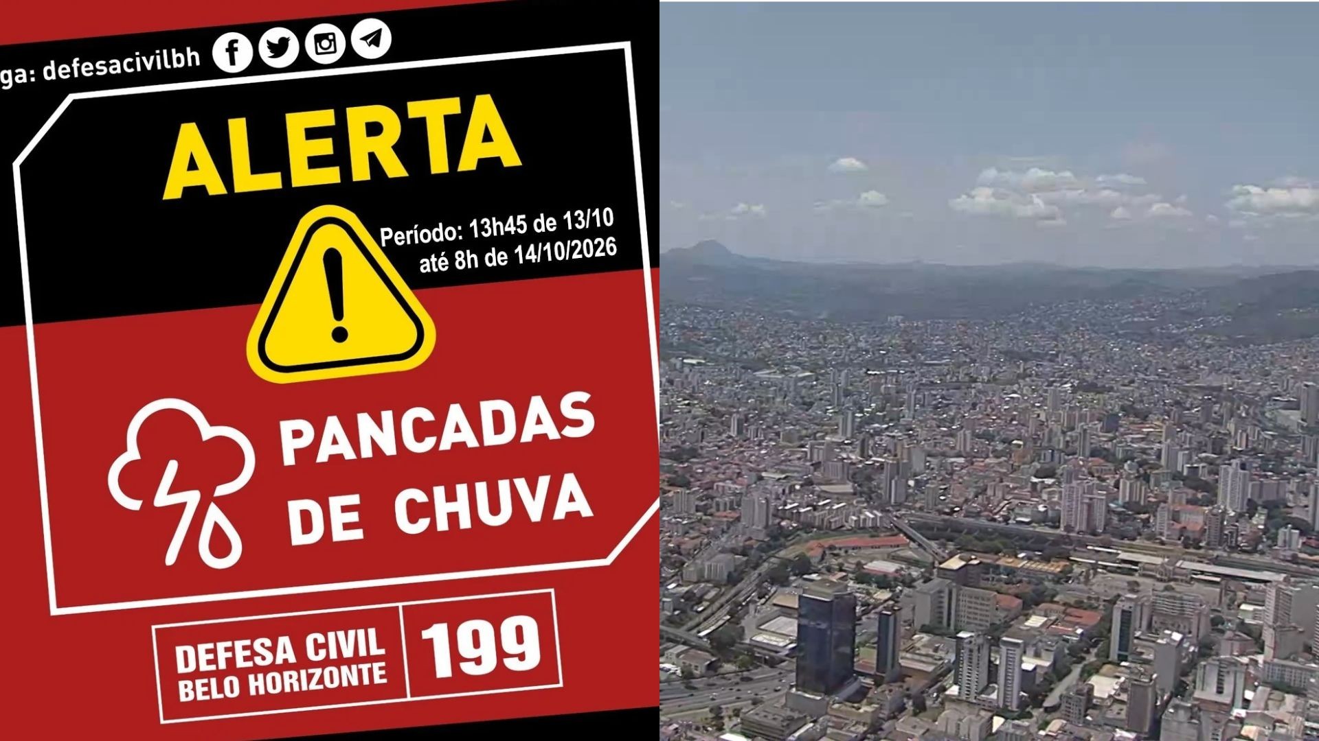 Defesa Civil emite alerta de chuva com raios e ventos de 50 km/h em BH