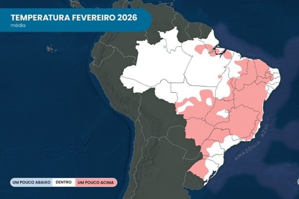 Previsão da anomalia da temperatura média no Brasil em fevereiro de 2026. Tons de azul indicam temperatura abaixo da média e tons de vermelho, temperatura acima da média. — Foto: Climatempo/Reprodução