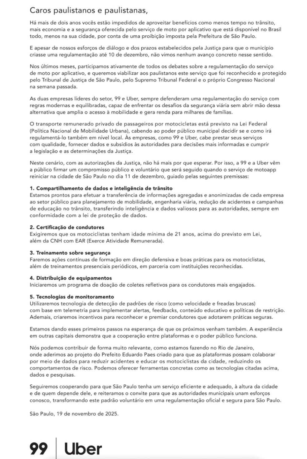 Documento com compromissos da 99 e da Uber — Foto: Reprodução