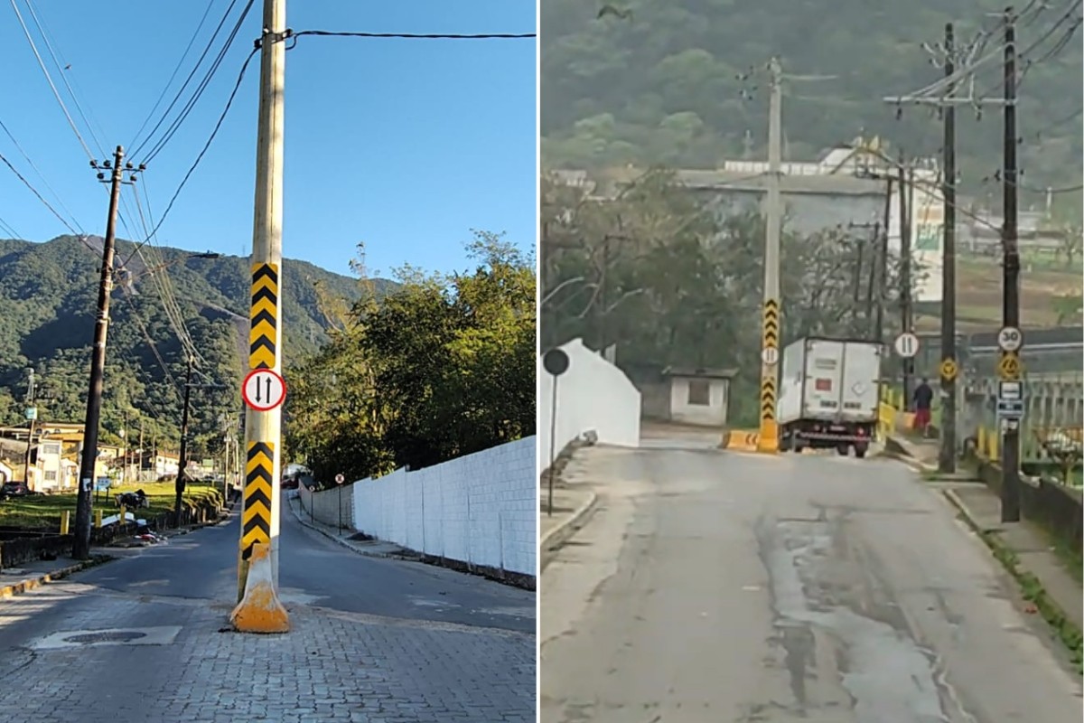 Poste de energia é deixado no meio da rua após obra e obriga motoristas a desviarem; VÍDEO
