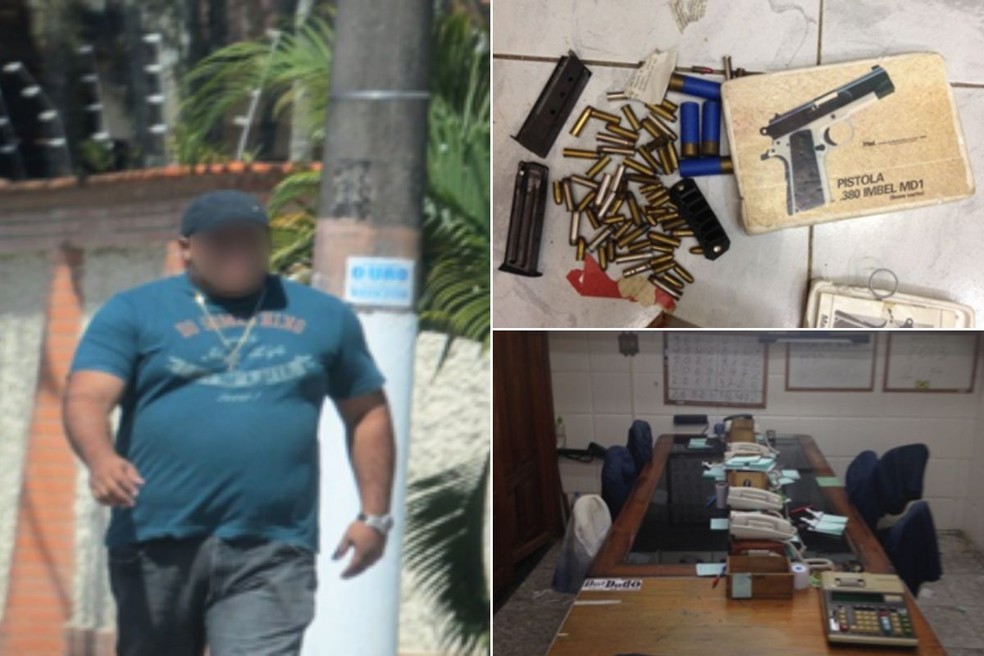 À esquerda, um dos envolvidos na organização criminosa. À direita, munições apreendidas durante operação e sede do esquema — Foto: g1 Santos
