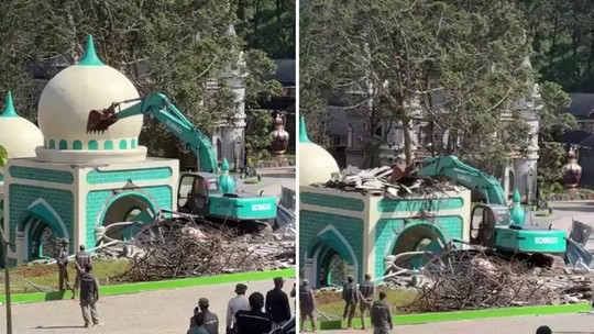 É #FAKE que vídeo mostre demolição de mesquita na China; registro ocorreu em parque temático na Indonésia - Publicado neste domingo, post enganoso tem um vídeo gravado em março que exibe demolição de instalação no Hibisc Fantasy. Veja o passo a passo da checagem.