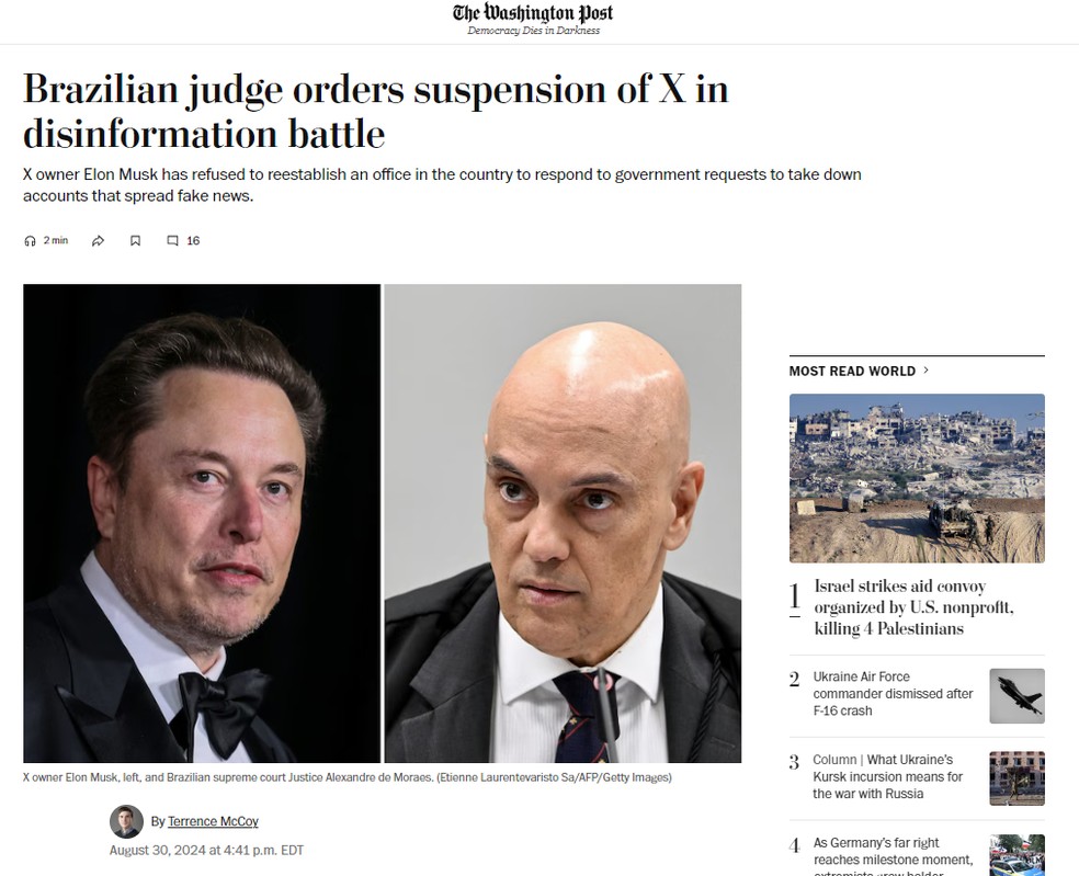 Reportagem do jornal The Washington Post, dos EUA, sobre a ordem do bloqueio da rede social X no Brasil pelo ministro do STF Alexandre de Moraes em 30 de agosto de 2024. — Foto: Reprodução/The Washington Post