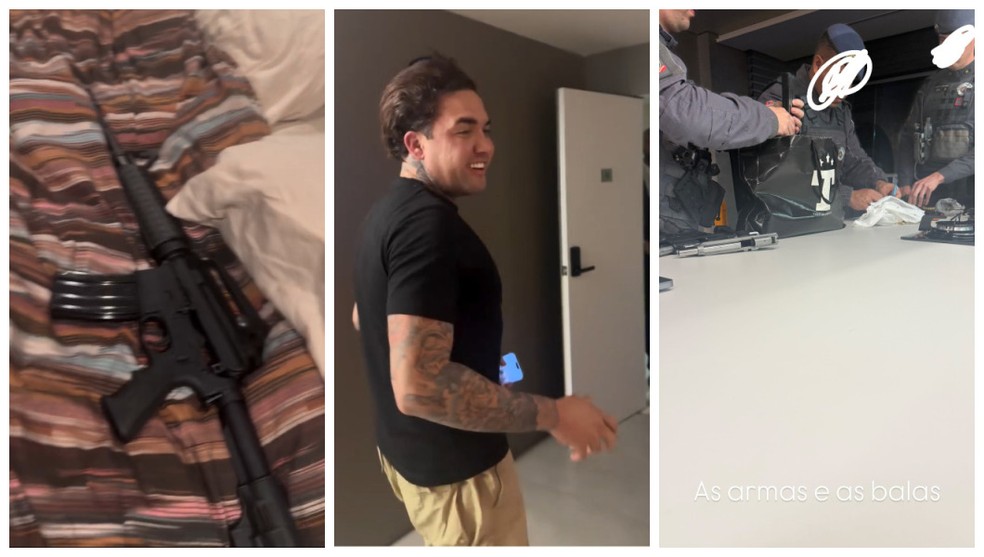 Fuzil e armas apreendidas na casa de MC Brisola na madrugada do domingo (1°), após briga dele com a ex-namorada Michelle Heiden. — Foto: Reprodução/Instagram