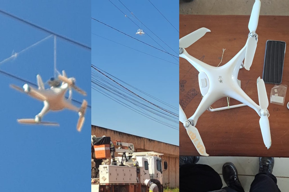 Drone com celular enrosca em fiação elétrica ao tentar entrar em presídio de MT; vídeo