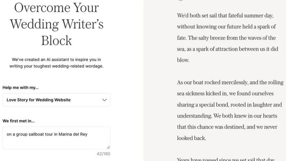 O site de planejamento de casamentos Joy oferece discursos escritos por robôs — Foto: Divulgação