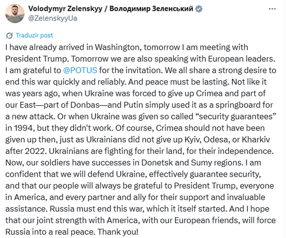 'Ucranianos estão lutando por sua terra', diz Zelensky já em Washington para reunião com Trump — Foto: Reprodução/X