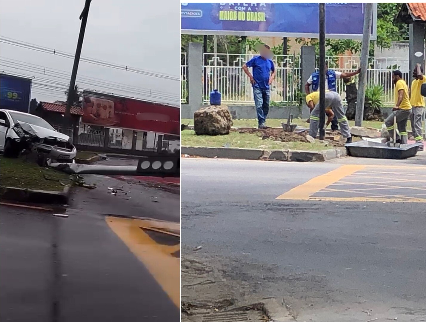 Carro invade ciclovia e derruba poste de sinalização na Avenida 28 de Março, em Campos