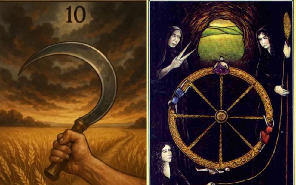 Carta da Foice, do Baralho Cigano, e carta da Roda da Fortuna, do tarô mitológico. — Foto: Arquivo pessoal