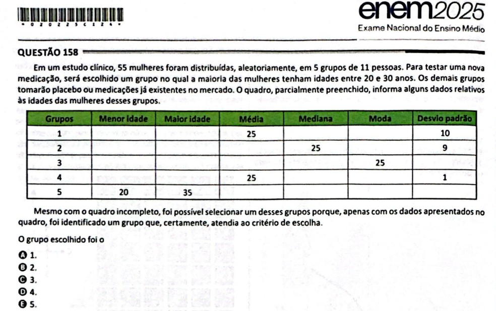 Questão de desvio padrão - Enem 2025 — Foto: Reprodução