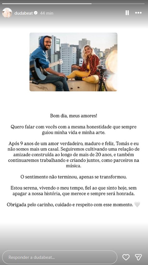 Duda Beat termina relacionamento com seu produtor musical, Tomás Tróia, após 9 anos