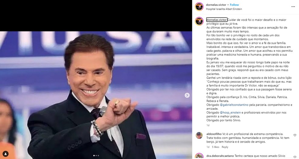 Médio Victor Dornelas, que cuidou de Silvio Santos em seus últimos dias, faz postagem com relato emocionante — Foto: Reprodução/Instagram