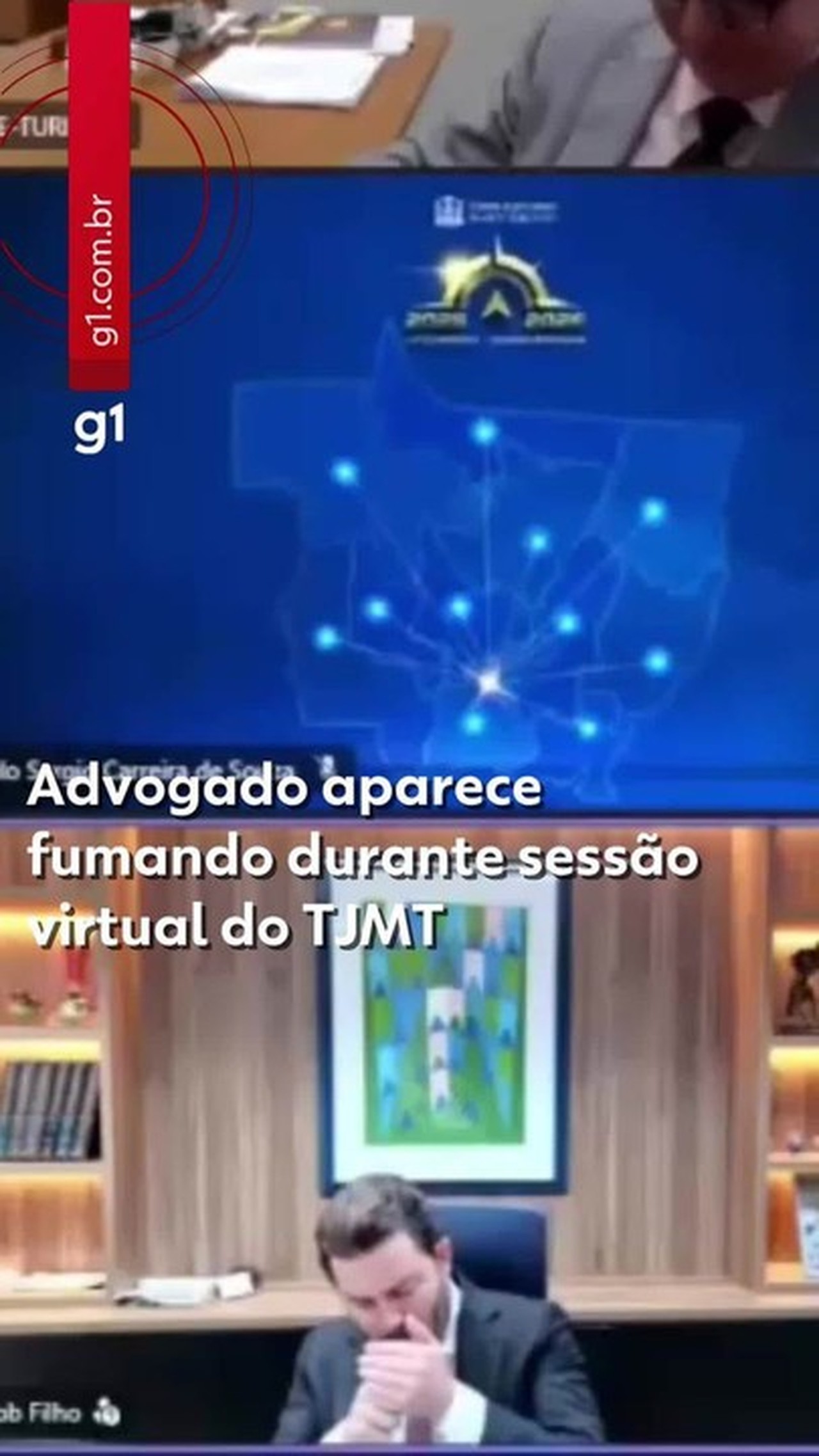 Advogado fuma cigarro durante audiência virtual do TJMT em Cuiabá