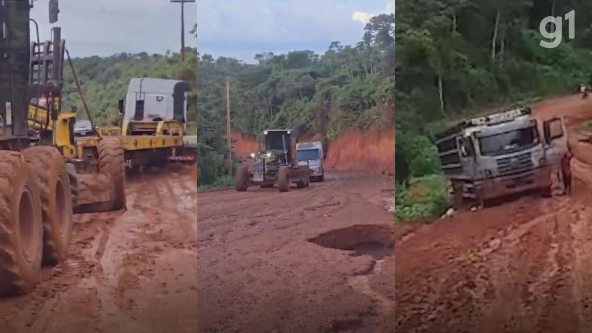 Caminhões são rebocados por tratores na MA-008 devido às péssimas condições da rodovia 