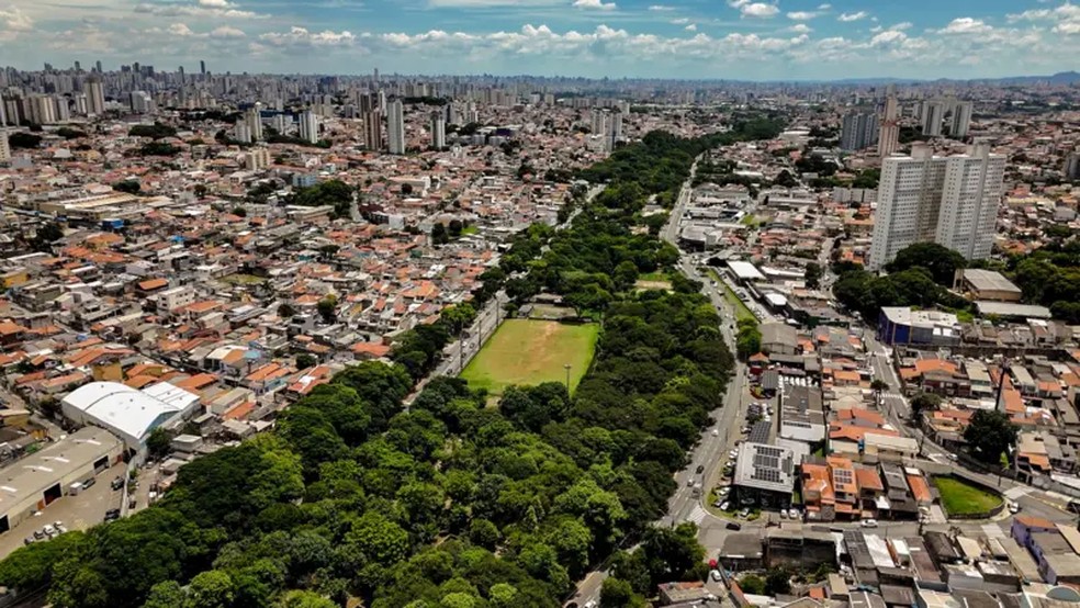 Além das árvores, o Tiquatira tem pista de caminhada, campos de futebol, anfiteatro, pista de skate e aparelhos de ginástica — Foto: Vitor Serrano/BBC News Brasil