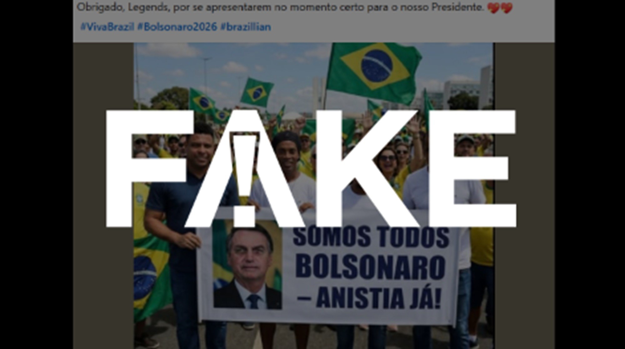 É #FAKE foto de ex-jogadores de futebol segurando faixa que diz 'somos todos Bolsonaro'; imagem foi criada com IA do Google