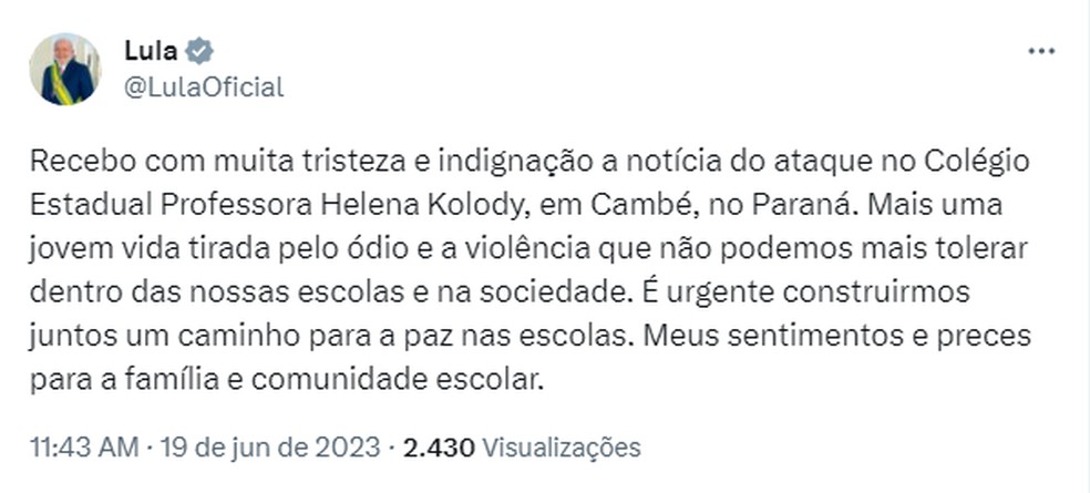 Lula lamenta ataque a tiros em escola no Paraná — Foto: Twitter/Reprodução