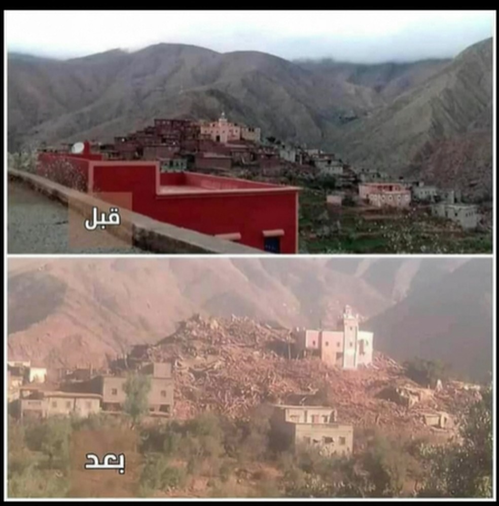 Antes e depois do terremoto em Marrocos  Foto: Reproduo/ Globo News