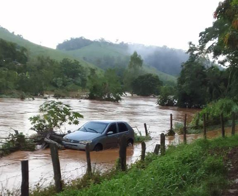 Carro ficou preso em árvore após rio tomar rua em Guiricema — Foto: Defesa Civil/Divulgação