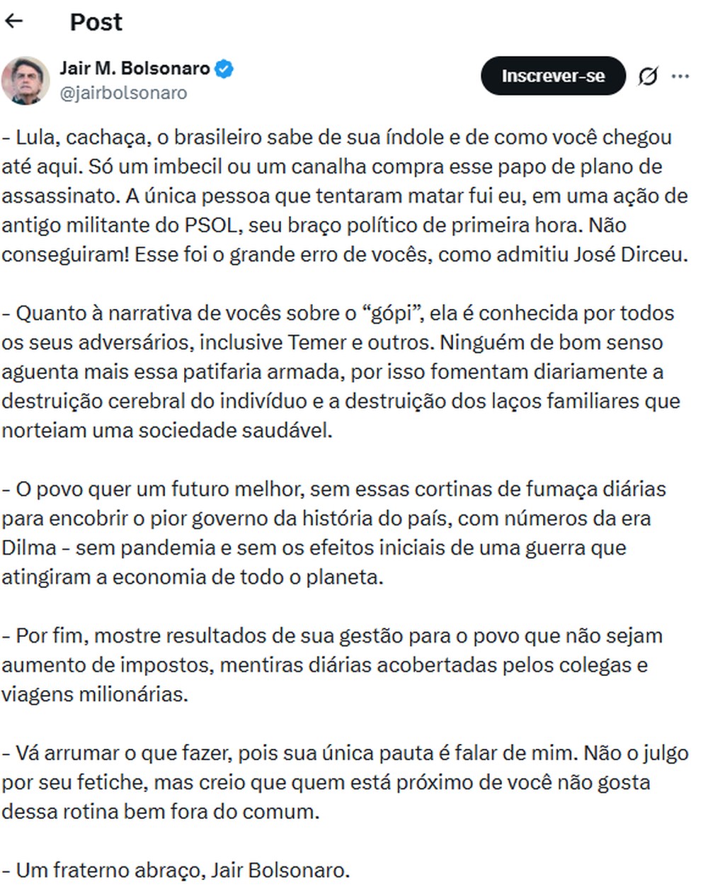 Tweet de Jair Bolsonaro - Imagem: Reprodução / Redes Sociais