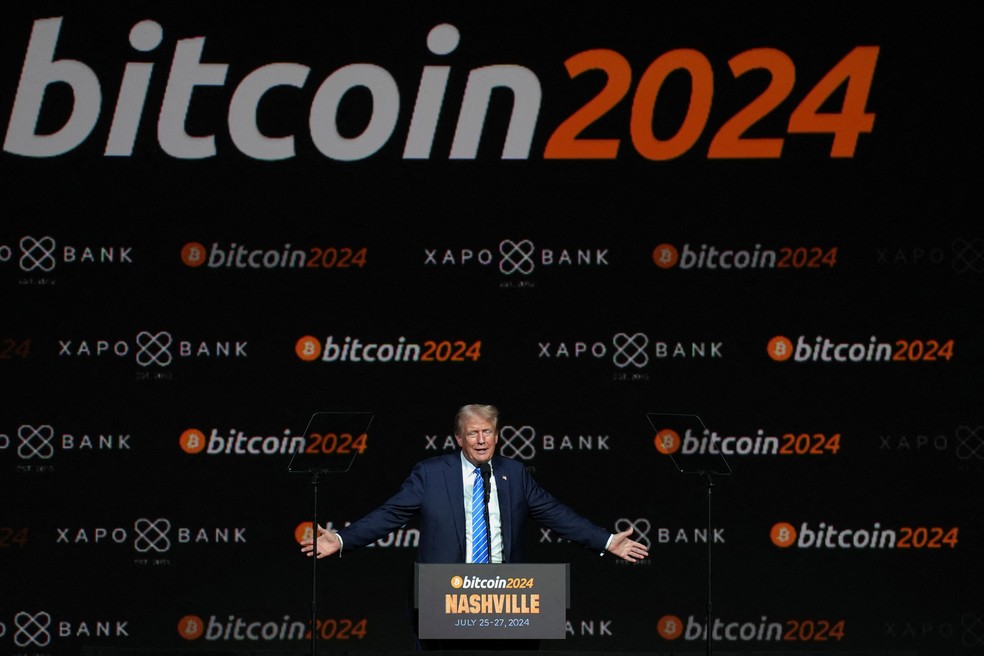 Donald Trump participa da conferência Bitcoin 2024, em Nashville. — Foto: Reuters