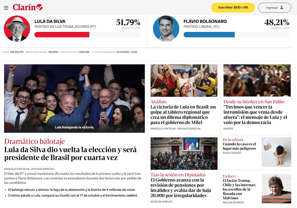 O argentino Clarín destacou que a eleição cria um dilema diplomático para o governo de Javier Milei — Foto: Reprodução: Clarin